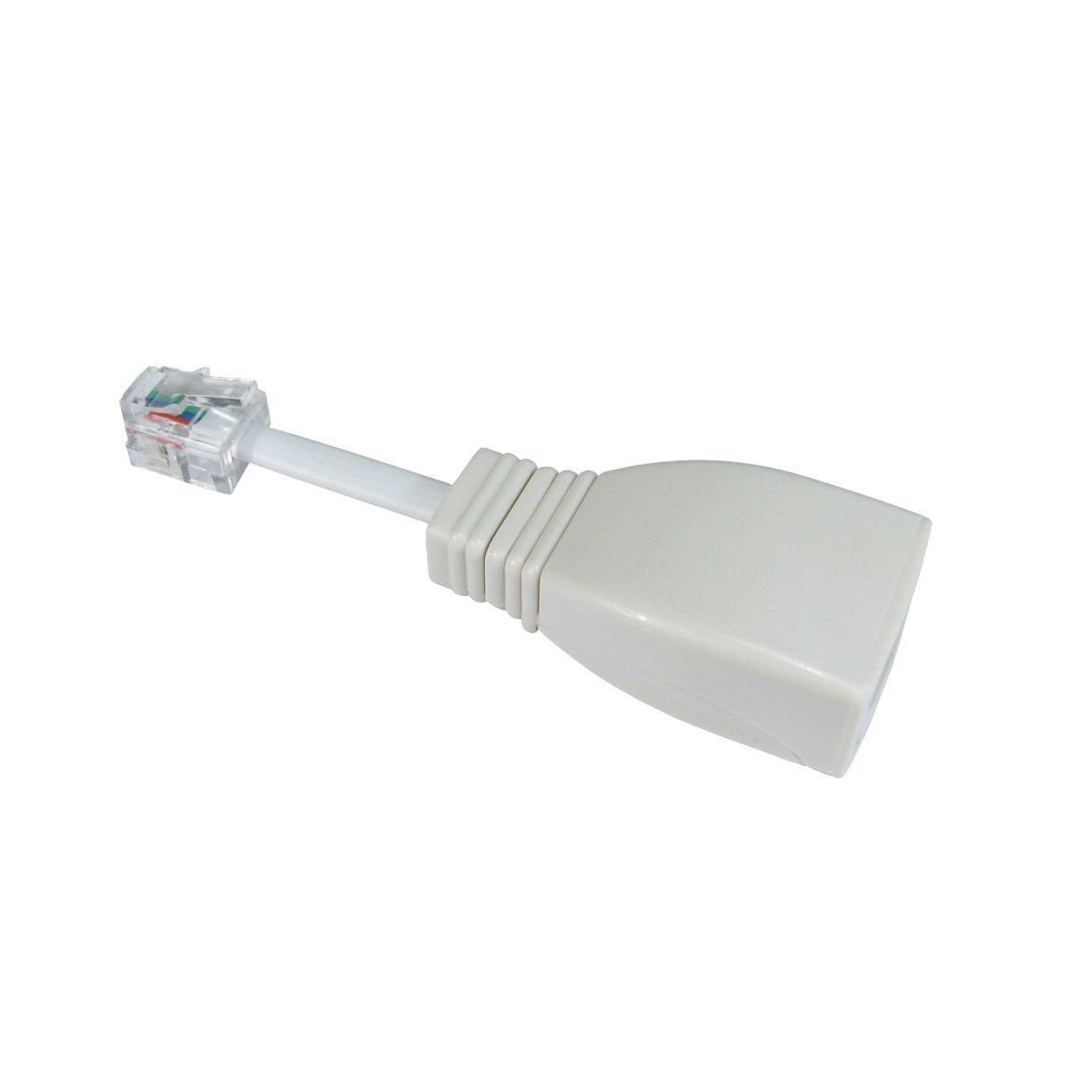 A white BT to RJ11 adaptor with a RJ11 male plug and BT female socket.