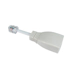 A white BT to RJ11 adaptor with a RJ11 male plug and BT female socket.