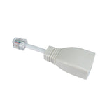 A white BT to RJ11 adaptor with a RJ11 male plug and BT female socket.