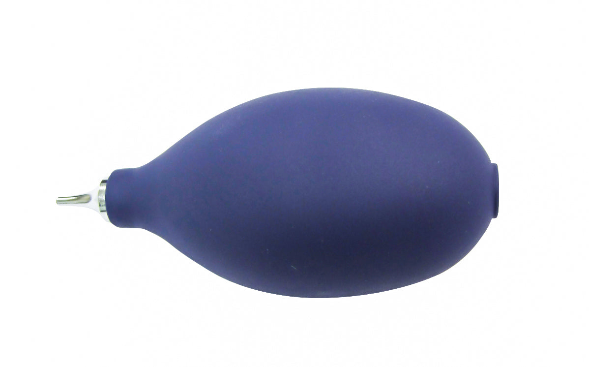Blue ear mould air puffer with metal nozzle for removing moisture from hearing aid tubing.