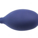 Blue ear mould air puffer with metal nozzle for removing moisture from hearing aid tubing.