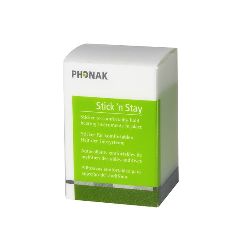 Phonak Stick ‘n’ Stay Hearing Aid Sticky Pads 30 pairs pack in a Green and White box