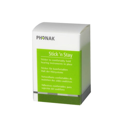 Phonak Stick ‘n’ Stay Hearing Aid Sticky Pads 30 pairs pack in a Green and White box