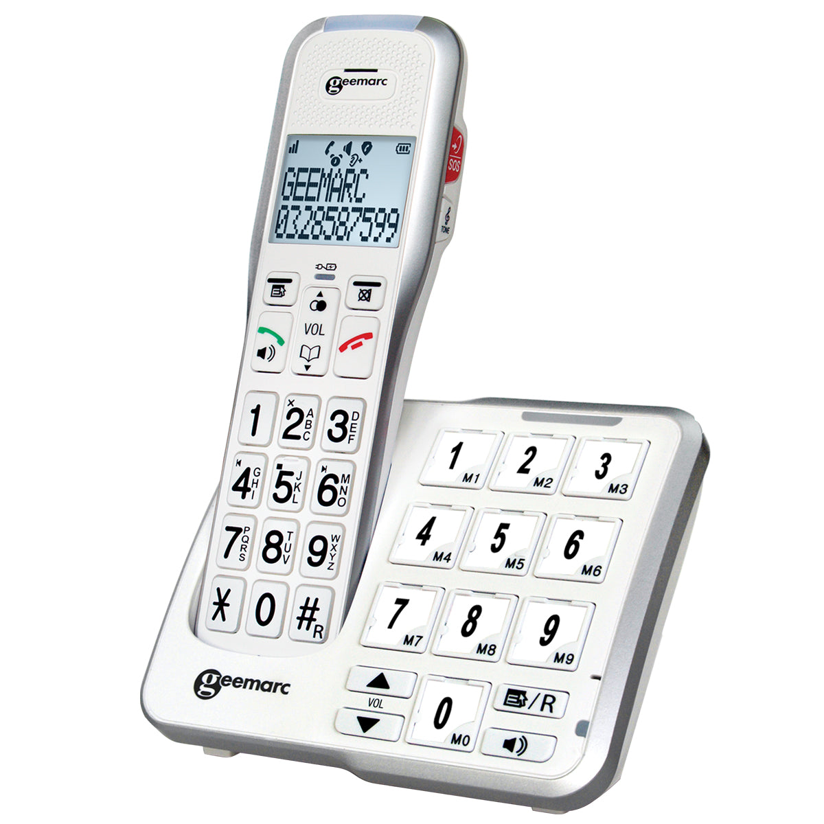 Geemarc AmpliDECT 595 Cordless Phone in white with handheld phone and white base both having a large display dial pad